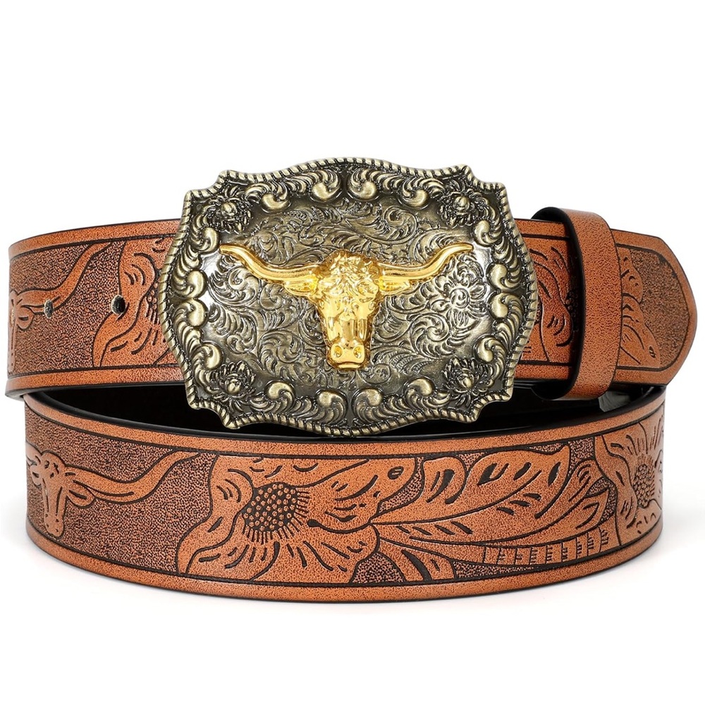 Brown and Gold Western Leather Belt with Ornate Buckle